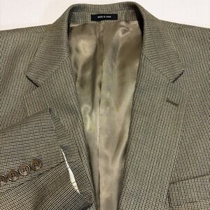 Ralph Lauren Mens 46R Blazer 100% Silk Tan Blue Micro Houndstooth Sport Coat
